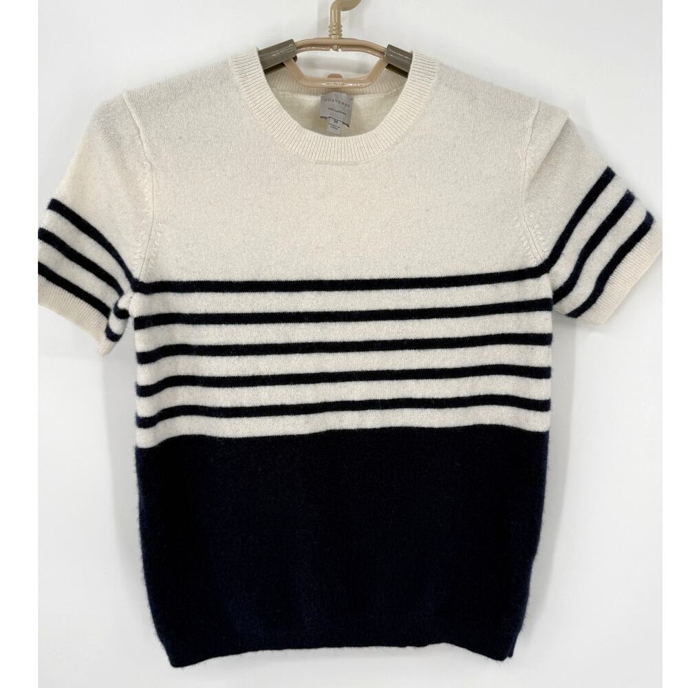 Nouveaux 100% Cashmere T-Shirt Sweater Short Sleeve Navy Blue Stripe Size Medium
